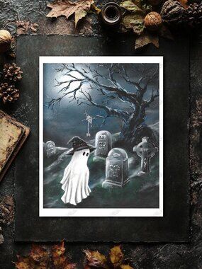 8x10 Fine Art Print, Witch Ghost in a Cemetery Painting, "Past Lives" Spooky Cut